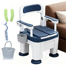 Bedside Commode for Seniors, Portable Anti-Slip Bedside Commode with Armrest Seat Height Adjustable, Rugged Construction Adult Potty Chair for Seniors Load 882Lbs Blue