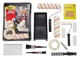 Foto di Fit For The Job Set di 21 rulli e vassoi per pittura Fit For The Job Ultimate - Pennelli, fogli antipolvere, carta vetrata, nastro adesivo e altro ancora - Set di rulli per vernice