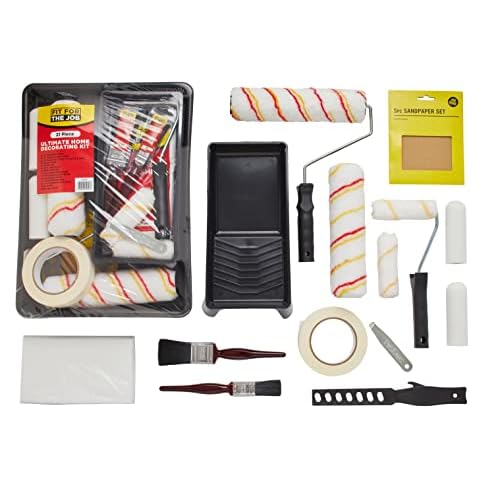 Fit For The Job 21-teiliges Farbroller- und Schalenset – Pinsel, Staubblatt, Schleifpapier, Klebeband, etc. – Rollensets für Wänden und Decken mit Dispersionsfarben, Mini-Rollen für Holz und Metall