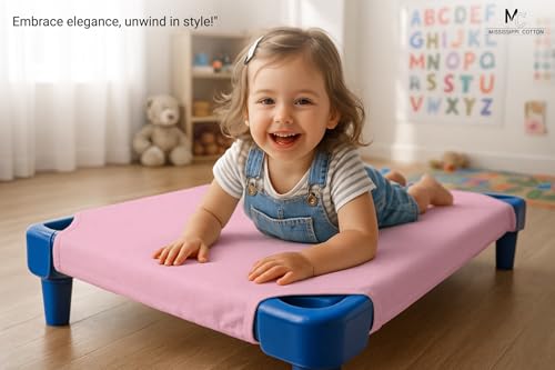 Image of Pack of 12 Daycare Cot Sheets Polyblend Fabric with Corner Elastic Sheet Size 22 x 40 Inches Fits Cot Size up to 23 x 41 Inches Toddler and Preschool Cot Bed Pink