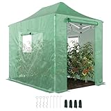 Outsunny Gewächshaus ca. 300x270x200 cm Faltbar Pop Up Tomatenhaus aus PE mit Satteldach, Stabiler Pflanztunnel, aufrollbare Reißverschlusstüren und Fenster, Grün