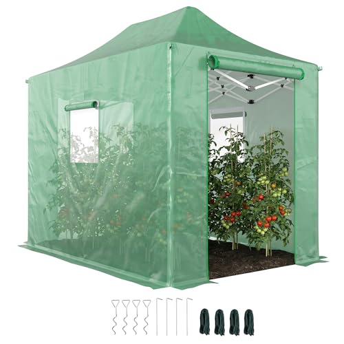 Outsunny Gewächshaus ca. 300x270x200 cm Faltbar Foliengewächshaus mit Satteldach, aufrollbaren Reißverschlusstüren und -fenstern, Pop Up Gewächshaus Tomatenhaus aus PE, stabiles Pflanztunnel Grün