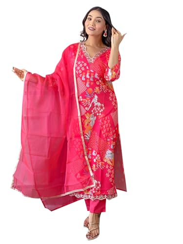 Image of Naixa Women's Chanderi Embroidered Straight Kurta with Pant and Dupatta Sets (NX2-527)