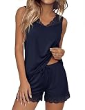 Demegimi Ensemble de Pyjama Femme Shorty Col en V avec Bordure en Dentelle Vêtement de Nuit Décontracté et Ample Tenue de Détente Elégante pour Eté，Bleu，S