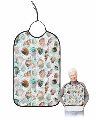 LEOKOTI Teal Coastal Adult Bibs for Eating, Waterproof Bibs with Food Catcher & Adjustable Snap Closure, Summer Beach Conch Shell Nautical Ocean Washable Clothing Protectors Adult Bibs for Elderly