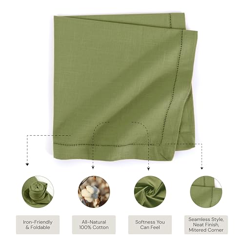 Image of FINGERCRAFT Hemstitched Cotton Table Napkins - Set of 12, 20x20 Inch, 100% Cotton Cloth Napkins with Faggoting Stitching - Durable & Elegant for Parties, Hotels, Everyday Use (Olive Slub)