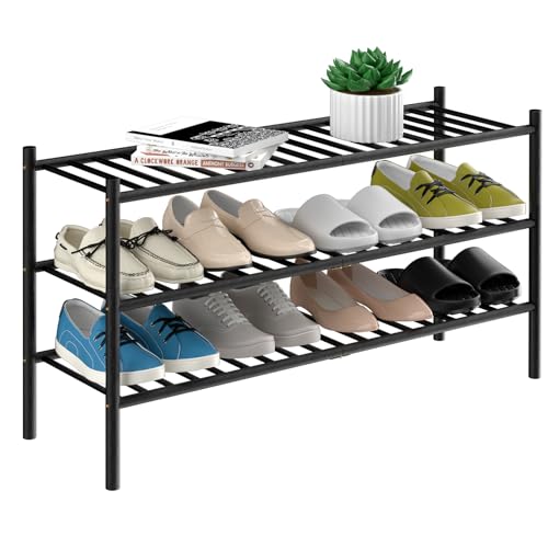3-Tier Bamboo Long Shoe Rack, Free Standing Wood Shoe Shelf Storage Organizer for Closet Entryway Stackable 35"x11"x20" (Black)