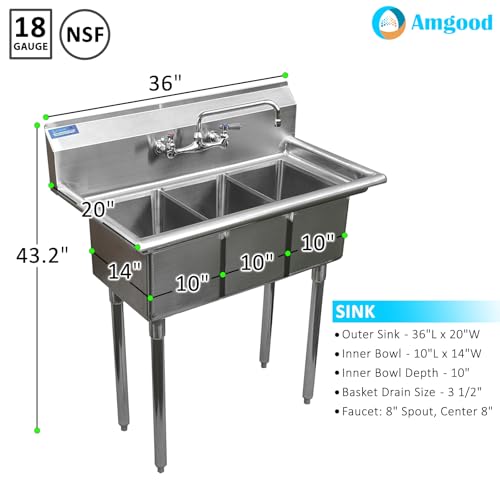 Image of Stainless Steel Sink - 3 Compartment Sink 10 inchx14 inchx10 inch with Legs and Faucet | Utility | Commercial | Laundry | Kitchen | NSF