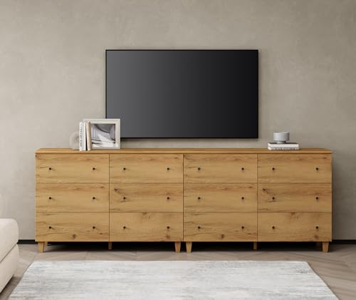 Image of WAMPAT Bedroom Dresser with 12 Drawers, Modern Chest of Drawers with Black Knobs, 94.4 Inch Wide Oak Brown Wood Finish Storage Organizer for Kids Room, Living Room, Nursery