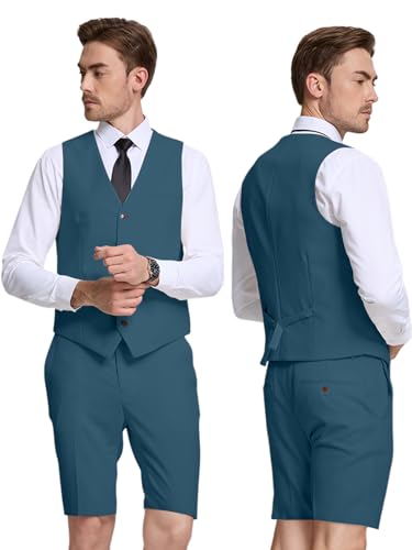 Men Linen Suit 2 Piece Slim Fit Suit for Casual Summer Beach Wedding Party Vest Short Pants2
