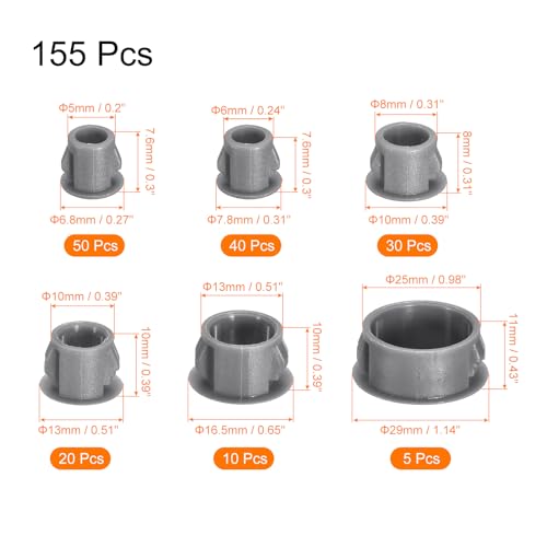 Image of uxcell Nylon Plastic Hole Plug, 155Pcs 0.2 inch /0.24 inch /0.31 inch /0.39 inch /0.51 inch /0.98 inch 6 Sizes Hole Plugs Panel Flush Type Knockout Locking Plugs for Furniture Cabinet Insert End Caps, Grey