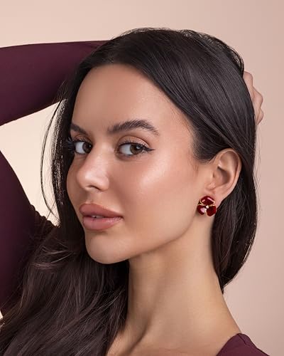 Gold Dainty Chunky Maroon Enamel CZ Floral Statement Earrings for Women by SNGIA, Modern Summer Beach Floral Handmade Drop Jewelry, Cherry Maximalist Wedding Date Birthday Gift, Bold Exaggerated Wine Stud Trendy Jewelry, Golden Colorful Fashion Accessories, Vintage Hammered Thick Nickle Free Gifts.2