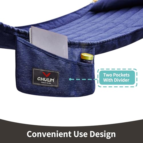 Image of Double Quilted Fabric Hammock with Hardwood Spreader Bars and Pillow 450 LBS Capacity 2 Person Large Hammock for Outdoor Patio Backyard Poolside - Dark Blue