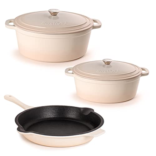 BergHOFF Neo 5Pc Enameled Cast Iron Cookware Set, 5qt., 8qt. Dutch Ovens, Matching Lids, Fry Pan 10 Inches, Fast, Evenly Heat, Oven Safe (Meringue)
