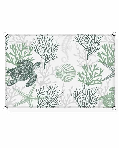 Coastal Sage Green Coral Sun Sail Shades Rectangle Canopy,Sunlight Block Heavy Duty Curved Backyard Shade Cover,Waterproof Outdoor Patio Sun Shades,12'x16' Turtle Shell Jellyfish Seahorse White Grey