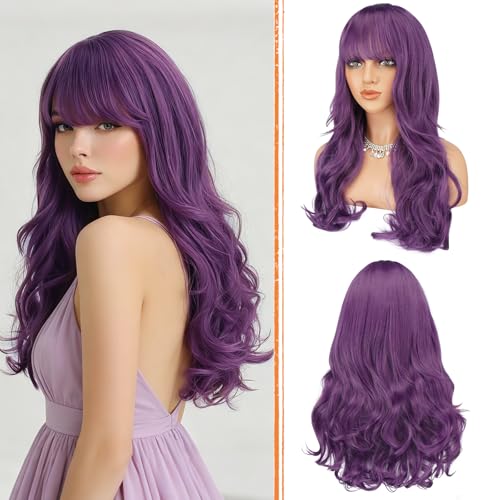 Haloo Purple Wigs with Bangs Long Wavy Layered Haircut Natural Looking Fluffy Synthetic Heat Resistant Hair Wig for Women Daily Party, 24 Inch Grape Purple