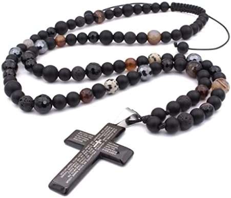 Mens Cross Pendant Beads Necklace Gemstone Natural Stone Necklace Onyx Beaded Necklace Rosary Prayer Necklace Crux Crystals Mens Religious Jewelry