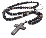 Mens Cross Pendant Beads Necklace Gemstone Natural Stone Necklace Onyx Beaded Necklace Rosary Prayer