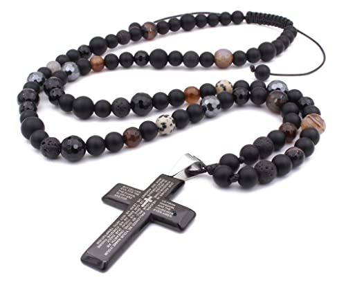 Mens Cross Pendant Beads Necklace Gemstone Natural Stone Necklace Onyx Beaded Necklace Rosary Prayer Necklace Crux Crystals Mens Religious Jewelry #TOP1