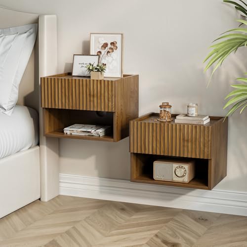 Floating Nightstand Bedroom Bedside Table - Floating Night Stand Set 2 for Small Spaces Wall Mounted Cabinet with Storage Drawer Brown Modern Night Stand for Dorm Hallway Entryway