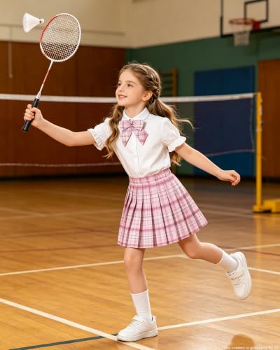 Image of Betusline Girls Skirt Set JK School Uniform 2-Piece Outfit - Short Sleeve Shirt with Bow & Pleated Skirt 4T-14Y