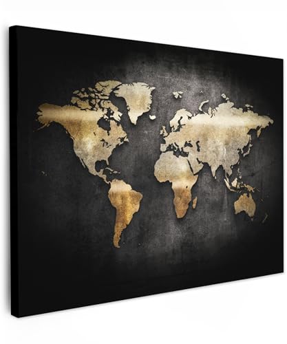 MuchoWow© Impression sur Toile Decoration Murale Peinture 70x50 cm Tableaux Decoratifs Muraux Décoration Chambre Carte du monde - Or - Paillettes - Noir