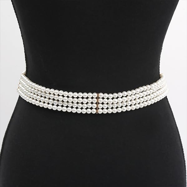 Rhinestones Faux Pearl Belts Pearl Gold Elastic Buckle Belts, Pearl Waistband Dress Clothes Accessories for Women Elegant Rhinestone Waistband for Dresses Suit - Image 4