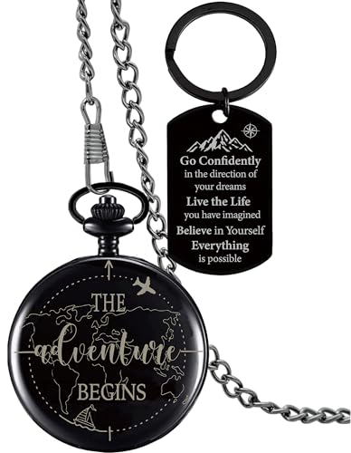 The Adventure Begin Compass Pocket Black with Keychain, College High School Boot Camp Graduation Gifts, Graduation Compass Gifts for Him Men Friends, Inspirational Keepsake Gifts Ideas for Grads