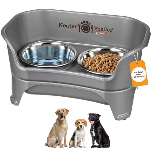 Neater Feeder Express Mess Proof Dog Bowls Elevated for Medium to Large Sized Breed, No Spill Raised Dog Food Bowl Stand, Stainless Steel Food and Water Bowl Set, Pet Dish Feeding Station, Grey