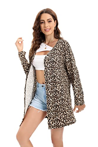 Sunnow Womens Lightweight Open Front Cardigan Shirt Summer Leopard Print Long Sleeve Casual Cover Up With Pockets (Xl) #TOP5
