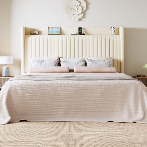 Image of Allewie King Size Platform Bed Frame with USB Charging Station and Storage Shelf /Upholstered Velvet Wingback Headboard /Wooden Slats Support /No Box Spring Needed /Easy Assembly, Cream