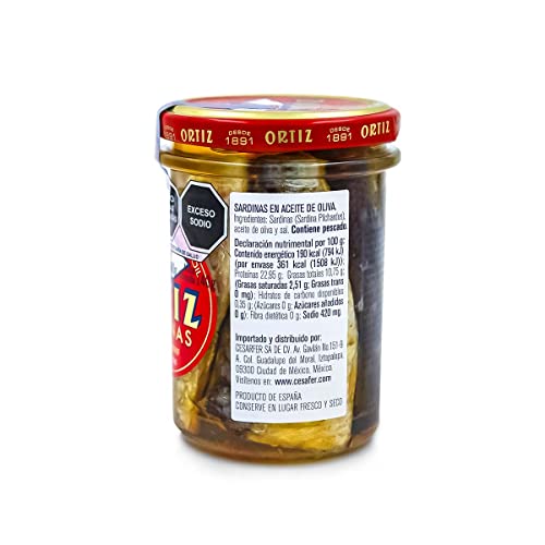 Ortiz Sardines A la Antiqua 'Old Style', Moist and Tender, Wild Caught in Spain and Hand-Packed in Premium Extra Virgin Olive Oil, Enjoy in Salads, Sandwiches and on Toast, 6.7oz Jar (Pack of 1)