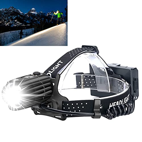 Rechargeable Headlamp, 10000 Lumens USB HeadLamp for Adults, Super Bright LED Headlight with 3 Batteries Included, 3 Modes, Zoomable, Waterproof, Tactical Headlamp for Hiking Camping
