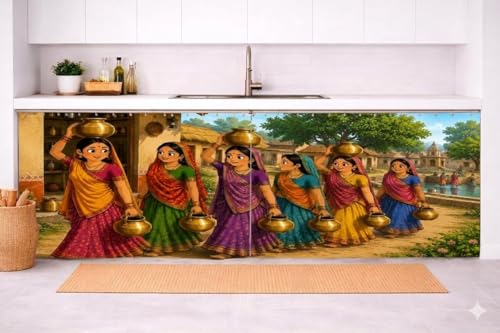 Image of REXOTEX Premium Printed Kitchen Sink Curtain | Kitchen Under Sink Curtain | Decorative Cabinet Cover | Washable & Dustproof | Modern Curtain (1, Women Water Pots)