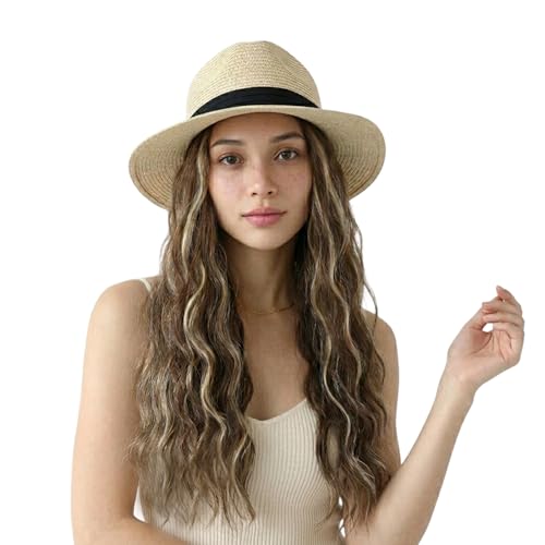 Yunkang Hat Wig Panama Hat with Mix Brown Blonde Long Wave Hair Attached for Women Beige Color Wide Brim Straw Beach Sun Hat Wig