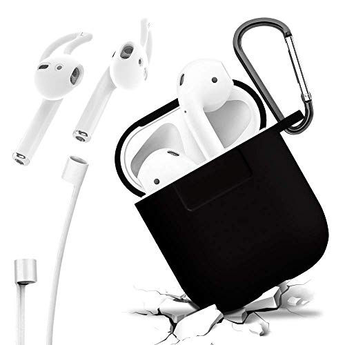 Funda Protectora de Metal Premium para Airpods de Apple con Soportes para la Oreja, Mosquetón, Correa de Seguridad y Bolsa para Almacenar Accesorios - Negro