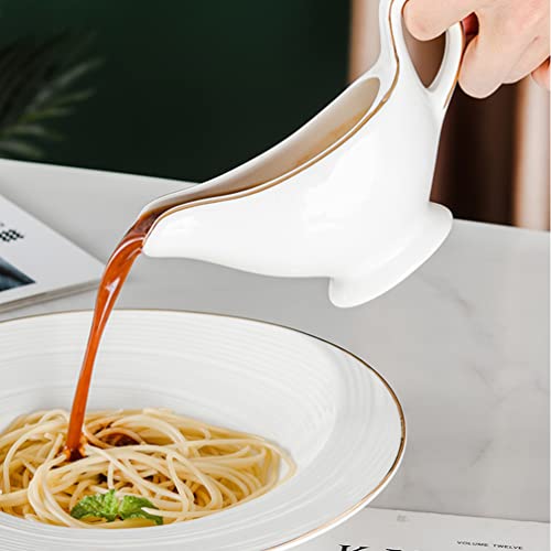 Ceramic Gravy Boat Pourer Dish: Porcelain Creamer Pitcher with Handle Steak Gravy Boat Milk Jug with Gold Trim Condiment Bowl Sauce Dispenser - Image 2