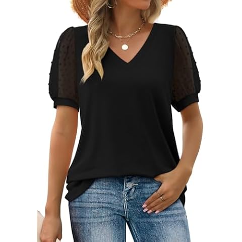 Aokosor V Neck Puff Sleeve Summer Tee Cover