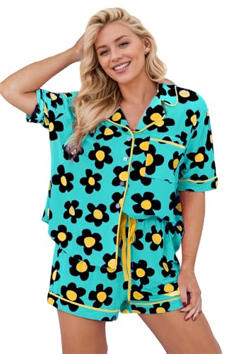 Image of KevaMolly Women Floral Notch Collar 2 Piece Holiday PJ Set | Print Short Sleeve Top, Drawstring Soft Vacation Sleep Shorts