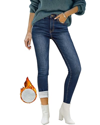 Roskiky Damen High Waist Jeans - Skinny Stretch Jeggings Hosen in Dunkelblau - Größe L