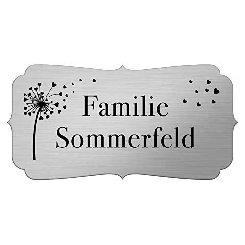 Briefkastenschild mit Gravur - Namensschild selbstklebend (3M) - Türschild personalisiert mit Namen - kratzfest, UV- und witterungsbeständig, Edelstahl Optik, Pusteblume mit Herzen Cover