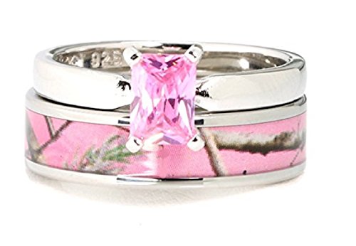 2 pc Pink Camo Ring Set - Pink Camo Band - Engagement Ring - Wedding Rings - Wedding Ring Sets - Bridal Sets - Promise Rings for Couples - Cubic Zirconia Wedding Sets