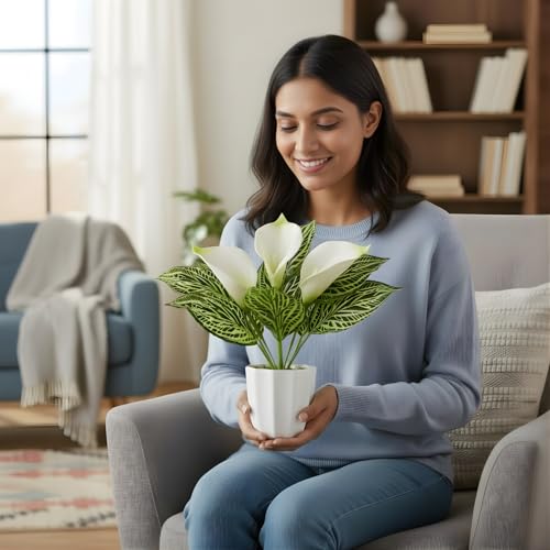 Image of fancymart Artificial Calla Lily Plant with Pot - 30 cm Height Decorative Flower Leaves (Pack of 1) | Realistic Faux Plant for Home & Office Decor | Table, Shelf & Desk Decoration