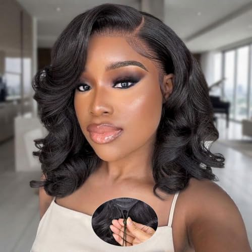 Hihmarm Bob Wig Human Hiar 13x6 HD Lace Front Wigs Human Hair Pre Plucked 180 Density Drawstring Glueless Wave Wig Short Body Wave Bob Wigs for Black Women Natural Black Color 14 Inch