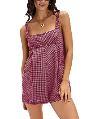 Lingjiazi Womens Plaid Romper Square Neck Backless Sleeveless Short Jumpsuit Overalls with Pockets(0873-Red-L)