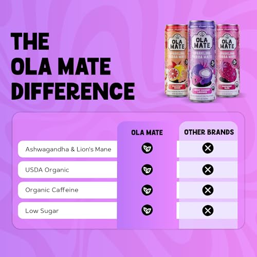Image of Yerba Mate Energy Drink - Low Sugar Sparkling Tea Cans Variety Pack with Ashwagandha and Lion's Mane, USDA Organic Clean Energy Drink with 125mg Natural Caffeine