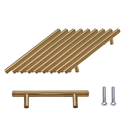 SPDYCESS Mango de Barra en T 10 Piezas Tiradores Puerta Armario Cepillados Hardware Acero Inoxidable para Armarios de Cocina, Cajones, Muebles, Tirador Centros de Agujeros 96 mm Oro Cover