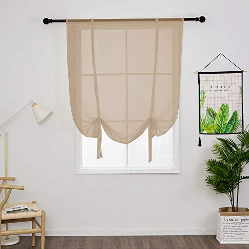 Smithoom Roman Curtains Classic Solid Color Translucent Roman Blinds Bow Knot Tulle Voile Vertical Curtain Rod Pocket, Khaki, 55Wx55L