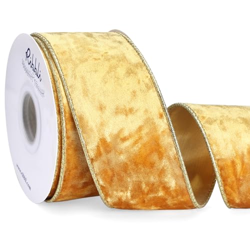 Image of Ribbli Gold Velvet Wired Ribbon 2.5 Inch Metallic Gold Crushed Velvet Christmas Ribbon for Gift Wrapping Christmas Tree Decoration Crafts Wreaths Supplies-Continuous 10 Yards