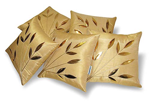 Image of Silk Golden Floral Cushion Covers, 16x16 Inch, Cream Beige, Set of 5